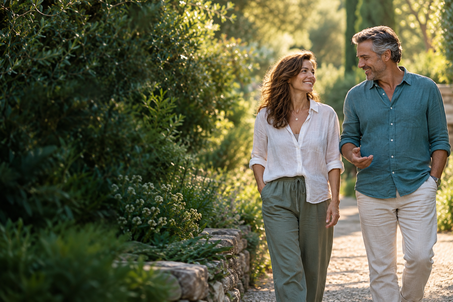 An adult couple enjoying a walk on a sunlit garden path